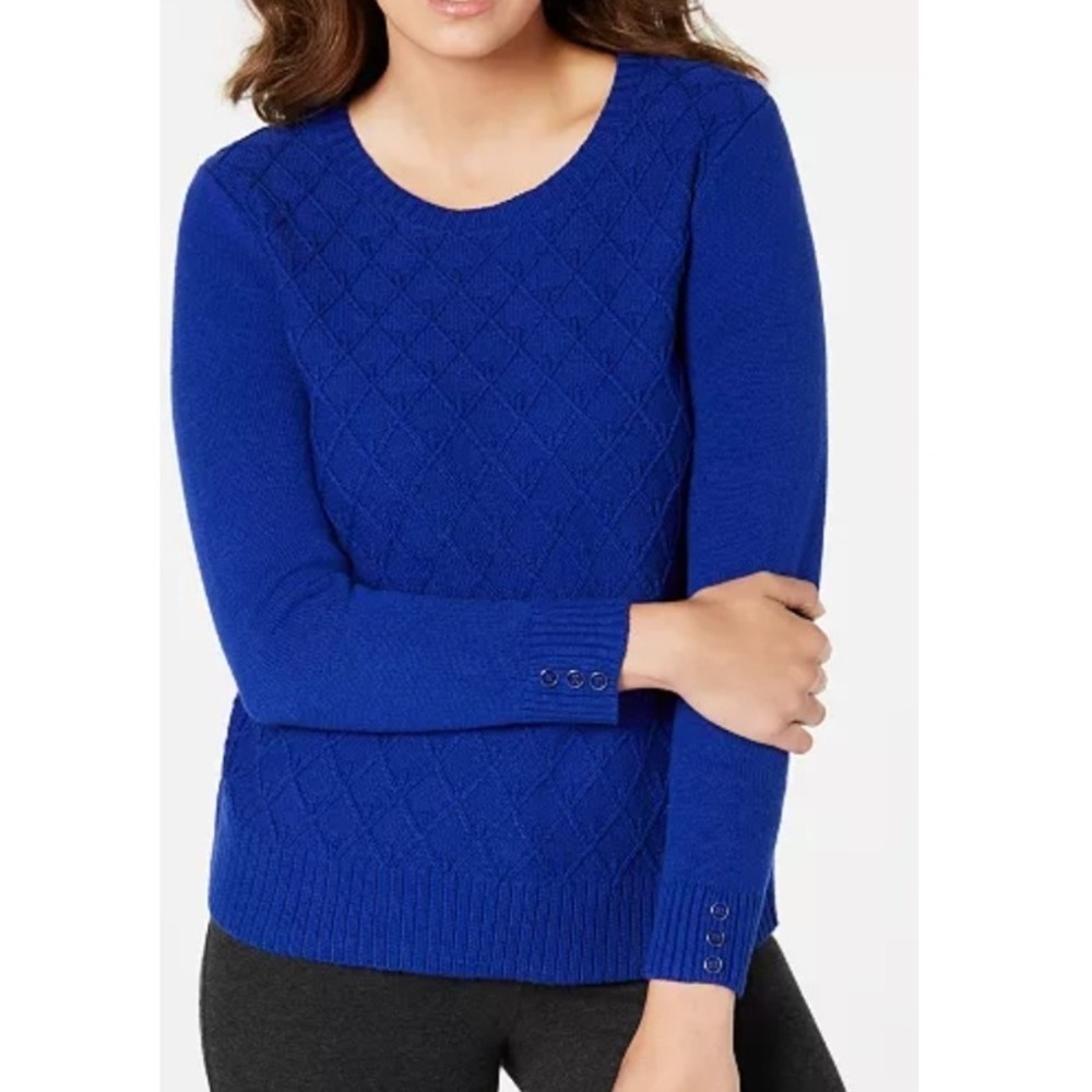 Karen Scott Petite Sweater‎ Royal Blue Textured Knit Crew Neck Pullover PM NWT